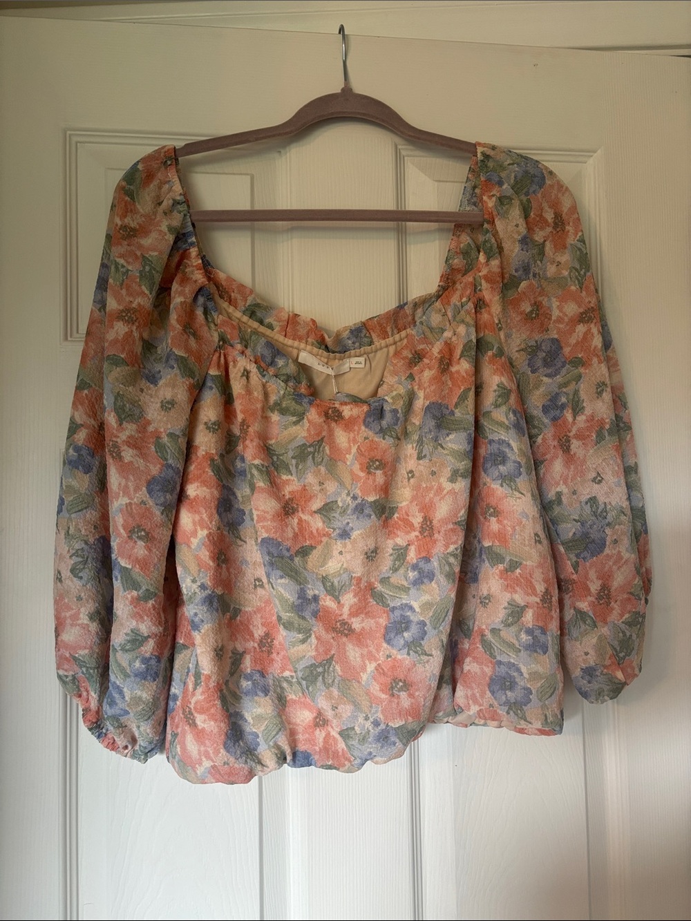 Lush Peach and Blue Floral Peasant Top